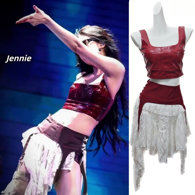 Coachella-inspired Jazz Dance Outfit Set — Vestă din piele de crocodil + fustă asimetrică, material Milk Silk; Poliester ≤30%, Spandex ≤30%; Confecționare: colaj/ cusături; Stil urban