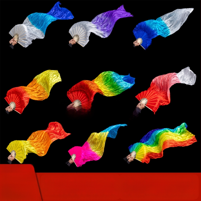 Ilgas šilko šokio vėjelis su trim spalvų gradientiniu liepsnos raštu ir koi motyvu, tinkamas pilvo šokiui ir kvadratinio šokio