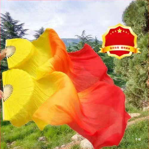 Ilgas šilko šokių ventiliatorius su trim spalvų gradientine liepsnos motyvu ir koi motyvu, suaugusiems, vasaros 2021 leidimas