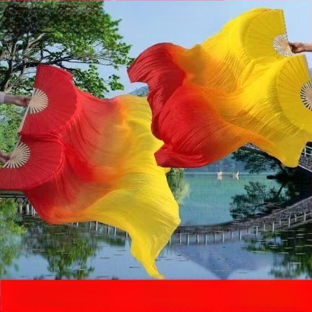 Ilgas šilko šokių ventiliatorius su trim spalvų gradientine liepsnos motyvu ir koi motyvu, suaugusiems, vasaros 2021 leidimas