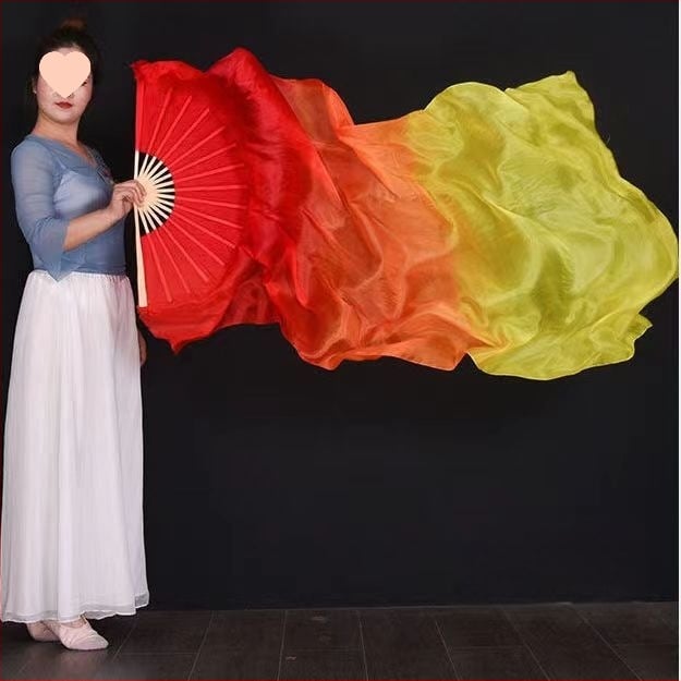 Ilgas šilko šokių ventiliatorius su trim spalvų gradientine liepsnos motyvu ir koi motyvu, suaugusiems, vasaros 2021 leidimas