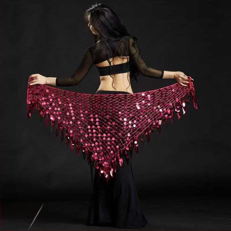 Costum de dans al burii cu eșarfă triunghiulară, lanț de talie și șal șold sirenă – poliester, compoziție principală 50–70% poliester, secundară 30–50% poliester, stil sexy urban, fără călcare