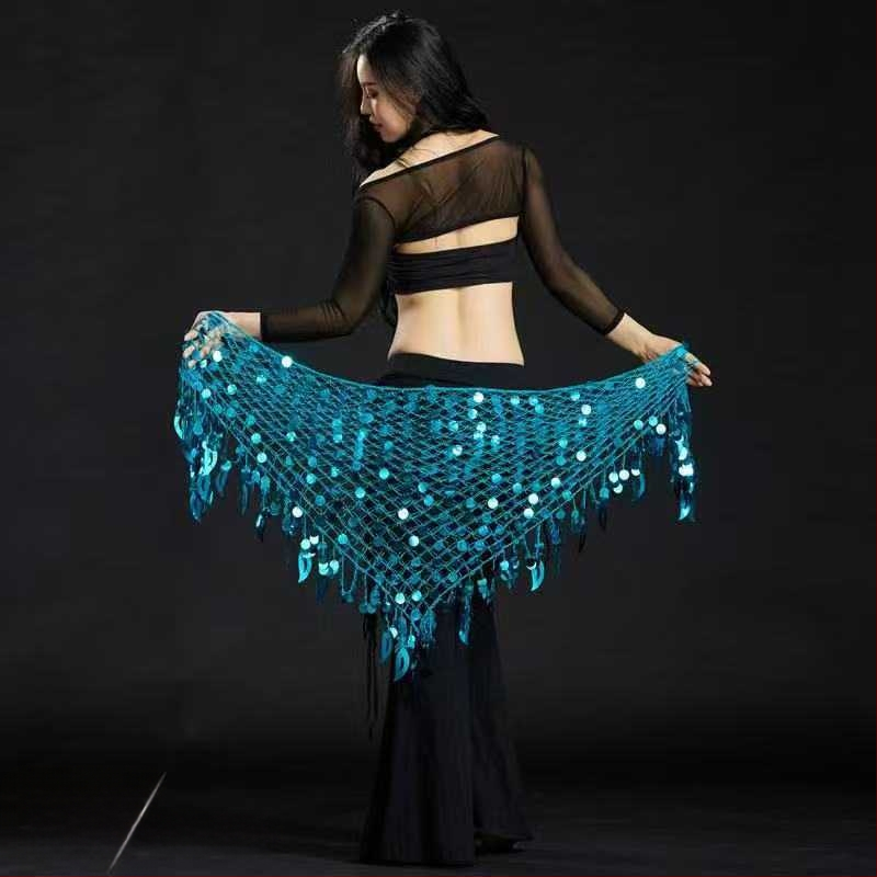 Costum de dans al burii cu eșarfă triunghiulară, lanț de talie și șal șold sirenă – poliester, compoziție principală 50–70% poliester, secundară 30–50% poliester, stil sexy urban, fără călcare