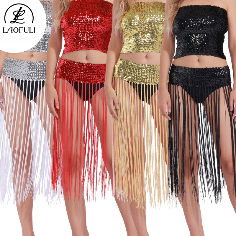 Costum Belly Dance cu centură de talie din paiete și fustă cu ciucuri — stil prințesă, materiale: acrilic ≤30%, poliester 90–95%