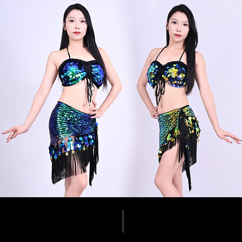 Costum de dans belly cu paiete și șal indian pentru șold – Ținută pentru reprezentație de dans oriental, Primăvara 2025, Țesătură poliester (>95%), Croială compusă, Stil Street Trendsetter