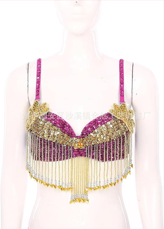 Bustier pentru dansul stomacului cu paiete, broderie manuală cu mărgele și aplicații florale, top pentru scenă; material principal: poliester 50–70%, PVC 30–50%, stil sexy, street