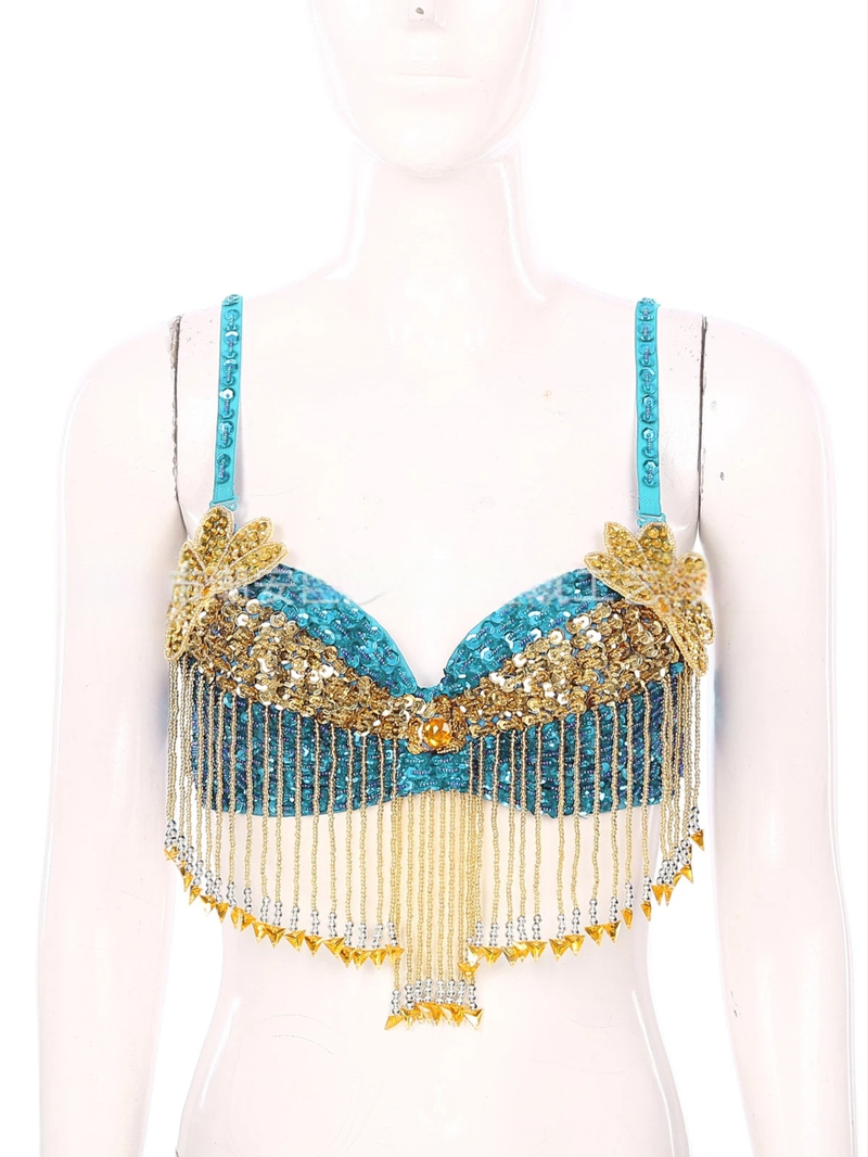 Bustier pentru dansul stomacului cu paiete, broderie manuală cu mărgele și aplicații florale, top pentru scenă; material principal: poliester 50–70%, PVC 30–50%, stil sexy, street