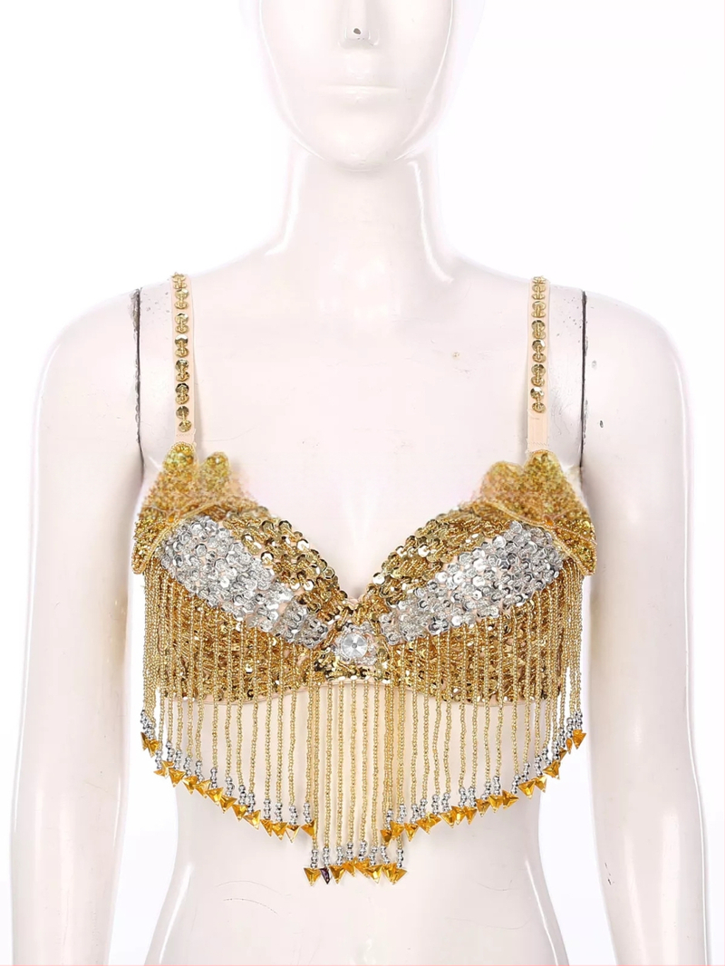 Bustier pentru dansul stomacului cu paiete, broderie manuală cu mărgele și aplicații florale, top pentru scenă; material principal: poliester 50–70%, PVC 30–50%, stil sexy, street