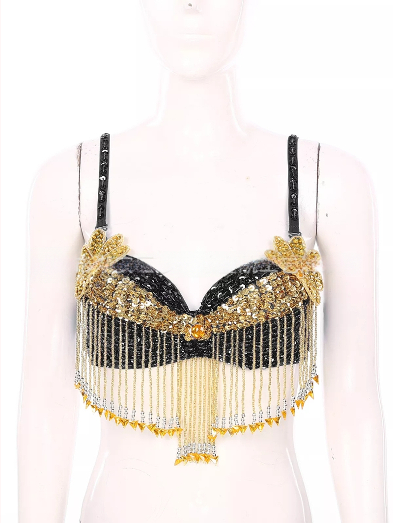 Bustier pentru dansul stomacului cu paiete, broderie manuală cu mărgele și aplicații florale, top pentru scenă; material principal: poliester 50–70%, PVC 30–50%, stil sexy, street