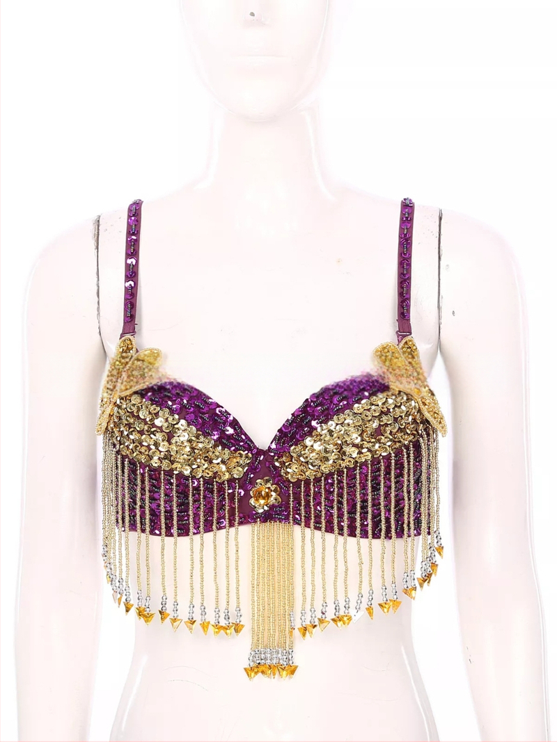 Bustier pentru dansul stomacului cu paiete, broderie manuală cu mărgele și aplicații florale, top pentru scenă; material principal: poliester 50–70%, PVC 30–50%, stil sexy, street