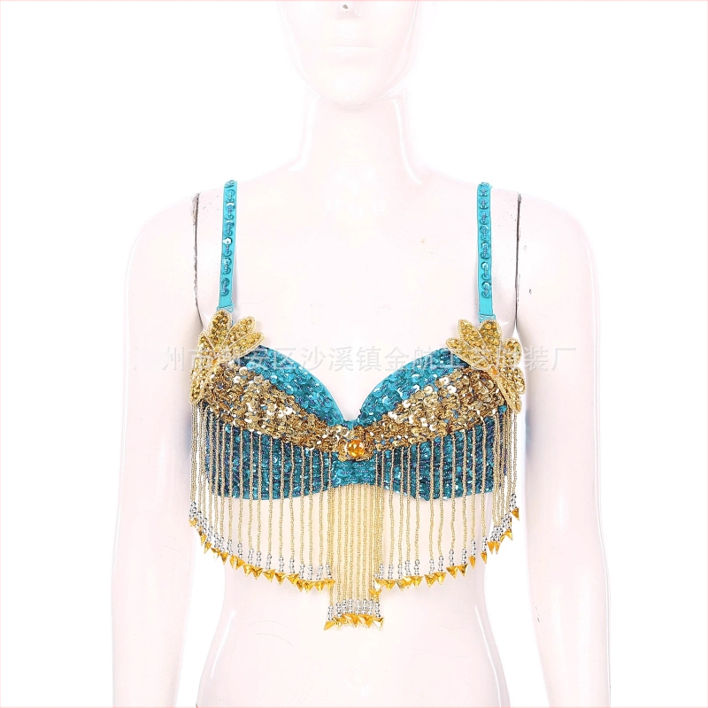Bustier pentru dansul stomacului cu paiete, broderie manuală cu mărgele și aplicații florale, top pentru scenă; material principal: poliester 50–70%, PVC 30–50%, stil sexy, street