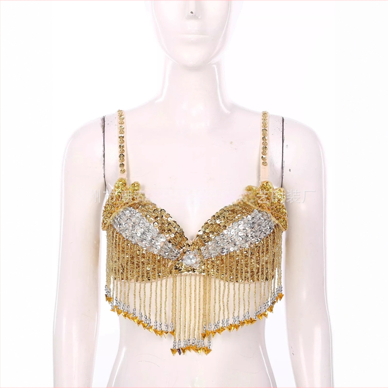 Bustier pentru dansul stomacului cu paiete, broderie manuală cu mărgele și aplicații florale, top pentru scenă; material principal: poliester 50–70%, PVC 30–50%, stil sexy, street