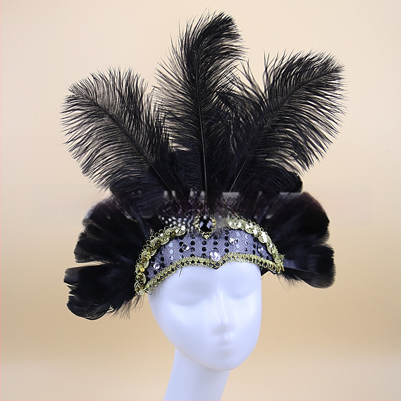 Headwear Vintage Feather Headband Crown with Plaid Pattern, Summer 2024