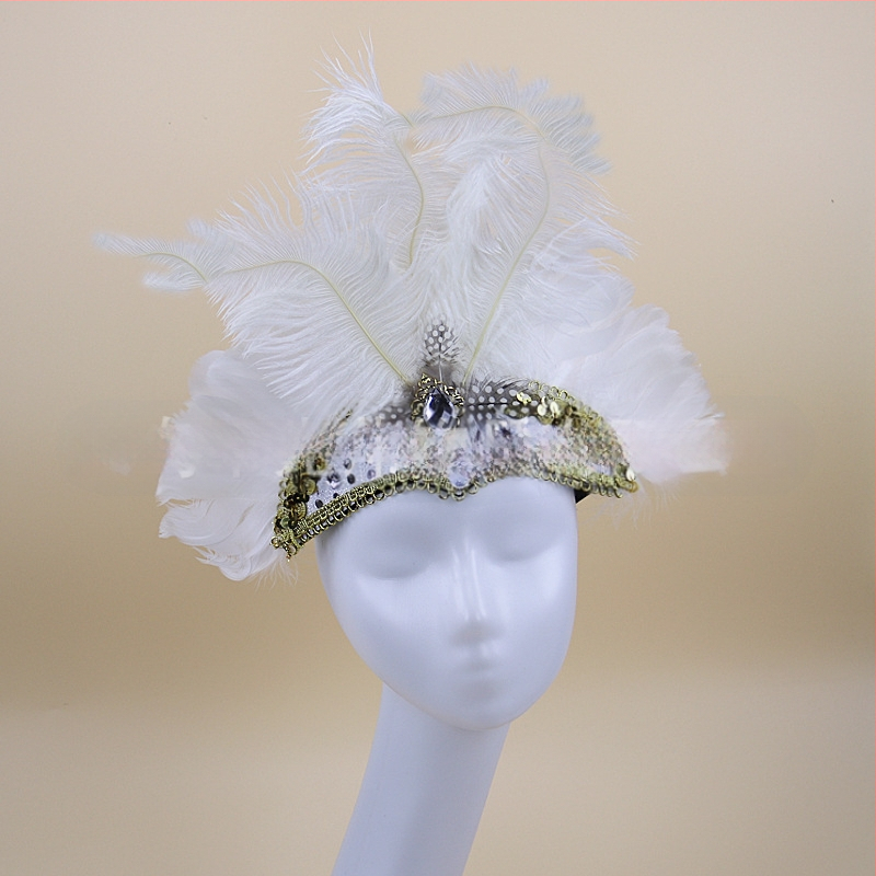 Headwear Vintage Feather Headband Crown with Plaid Pattern, Summer 2024
