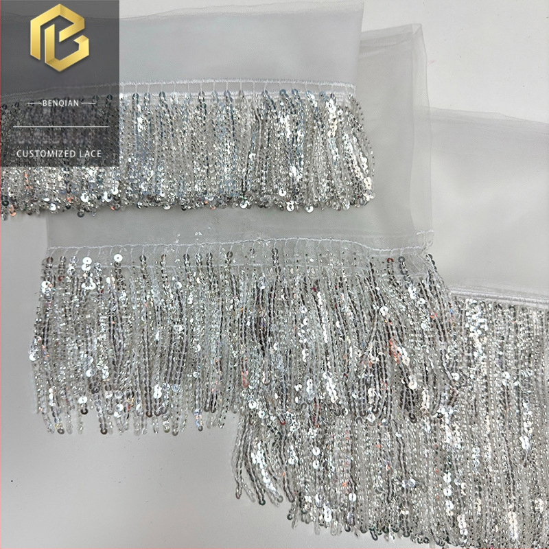 Латинска танцова пола с мрежеста материя, мъниста тръбички и пискюлна дантела за сценични изпълнения и танц с корем