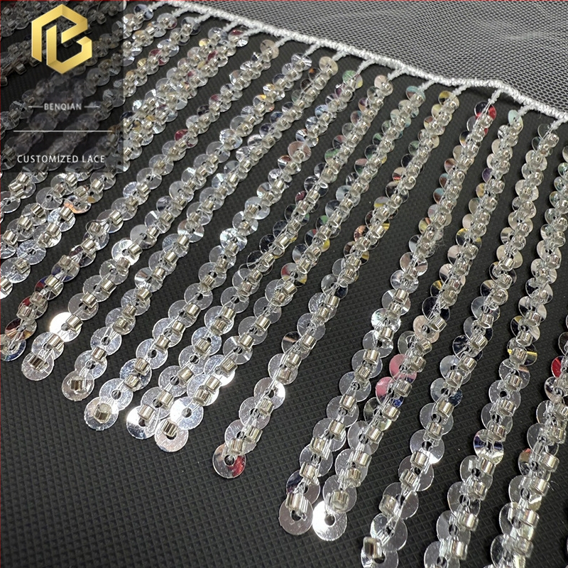 Латинска танцова пола с мрежеста материя, мъниста тръбички и пискюлна дантела за сценични изпълнения и танц с корем