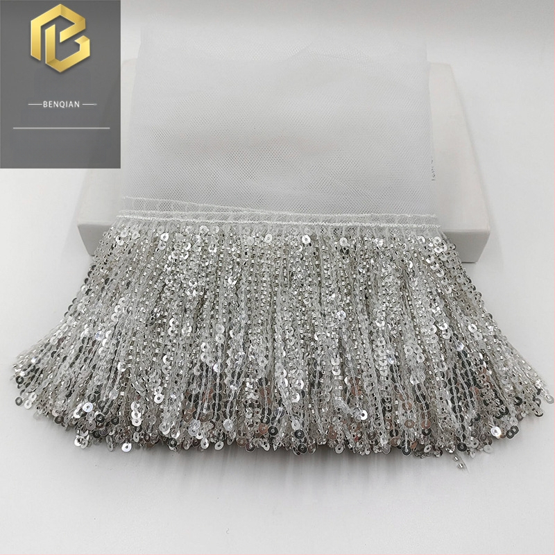 Латинска танцова пола с мрежеста материя, мъниста тръбички и пискюлна дантела за сценични изпълнения и танц с корем