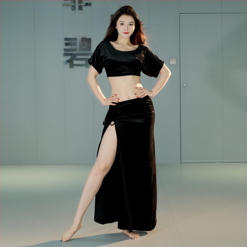 Set de practică pentru belly dance, costum cu fustă cu despicare, velur, poliester 30-50%, iarna 2024, pentru începători