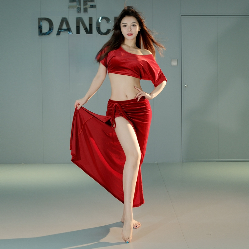 Set de practică pentru belly dance, costum cu fustă cu despicare, velur, poliester 30-50%, iarna 2024, pentru începători