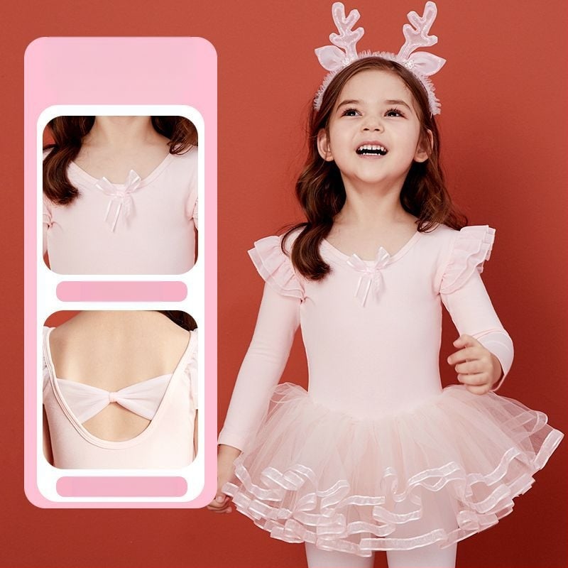 Rochie de dans pentru copii, cu mâneci lungi și fustă tutu, țesătură TR, PVC material principal, conținut 90–95%, stil chinezesc, retro literar, Primăvara 2025