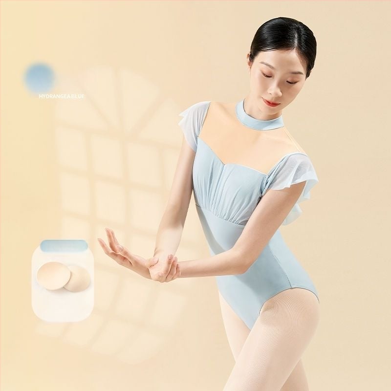 Îmbrăcăminte de dans pentru femei, body balet cu mâneci scurte, fără spate, guler înalt, primăvara 2025; țesătură TR; PVC ≤ 30%