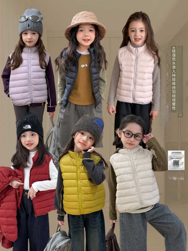 Vesta de copii cu glugă din puf de rață alb, unisex, 86–90% puf de rață alb, exterior din nylon, căptușeală poliester, stil coreean, iarnă 2025