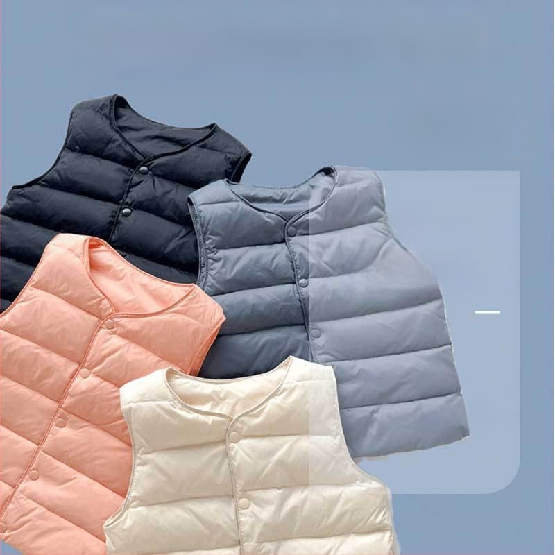 Veste pentru copii, fără mâneci, croială scurtă, căptușeală nylon, 90% puf de rață alb