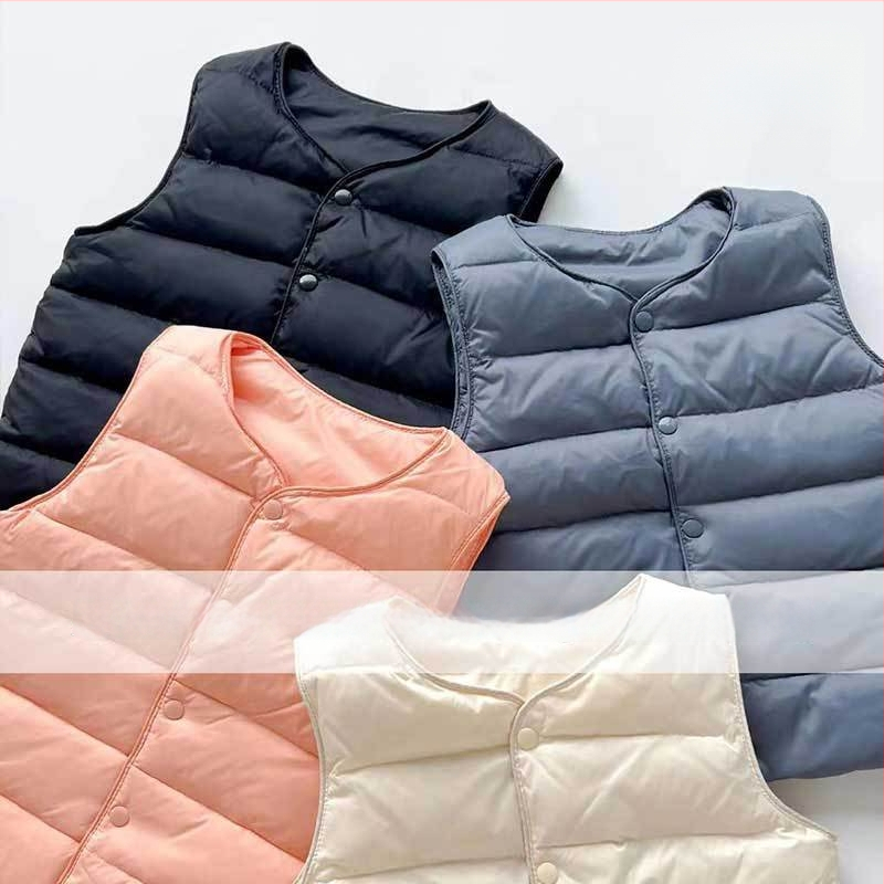 Veste pentru copii, fără mâneci, croială scurtă, căptușeală nylon, 90% puf de rață alb