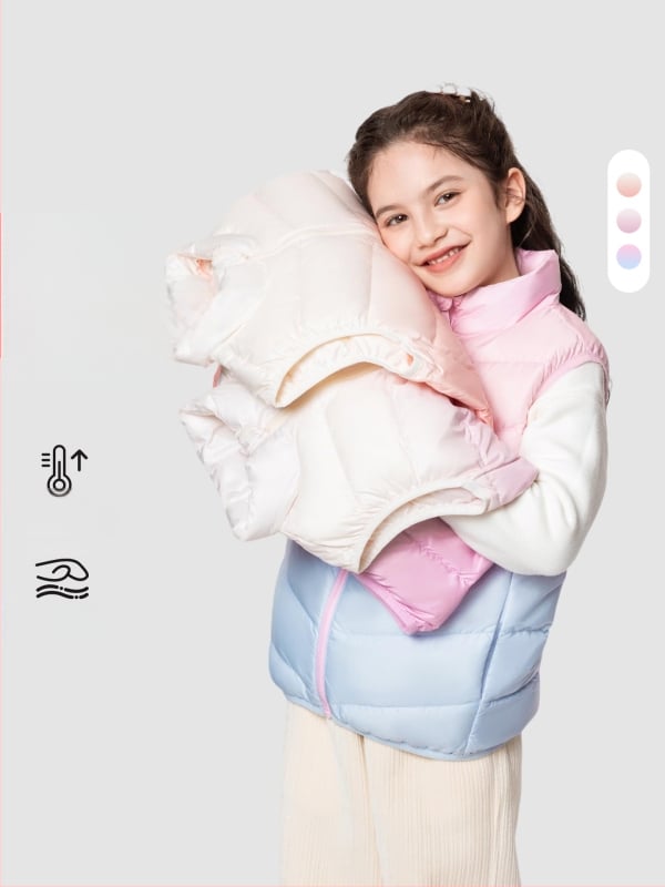 Vesta pentru fete din puf, fără mâneci, toamnă-iarnă, 81–85% puf de rață alb, exterior poliester 100%, căptușeală poliester 100%, lungime medie, fermoar
