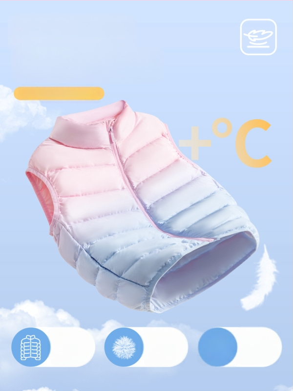 Vesta pentru fete din puf, fără mâneci, toamnă-iarnă, 81–85% puf de rață alb, exterior poliester 100%, căptușeală poliester 100%, lungime medie, fermoar