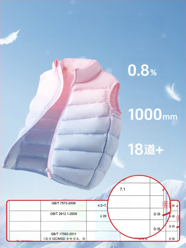 Vesta pentru fete din puf, fără mâneci, toamnă-iarnă, 81–85% puf de rață alb, exterior poliester 100%, căptușeală poliester 100%, lungime medie, fermoar