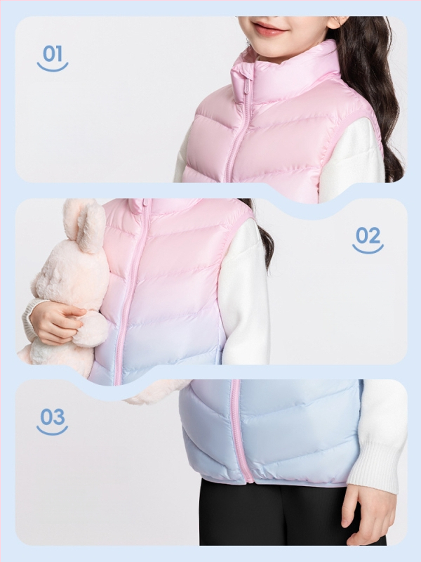 Vesta pentru fete din puf, fără mâneci, toamnă-iarnă, 81–85% puf de rață alb, exterior poliester 100%, căptușeală poliester 100%, lungime medie, fermoar
