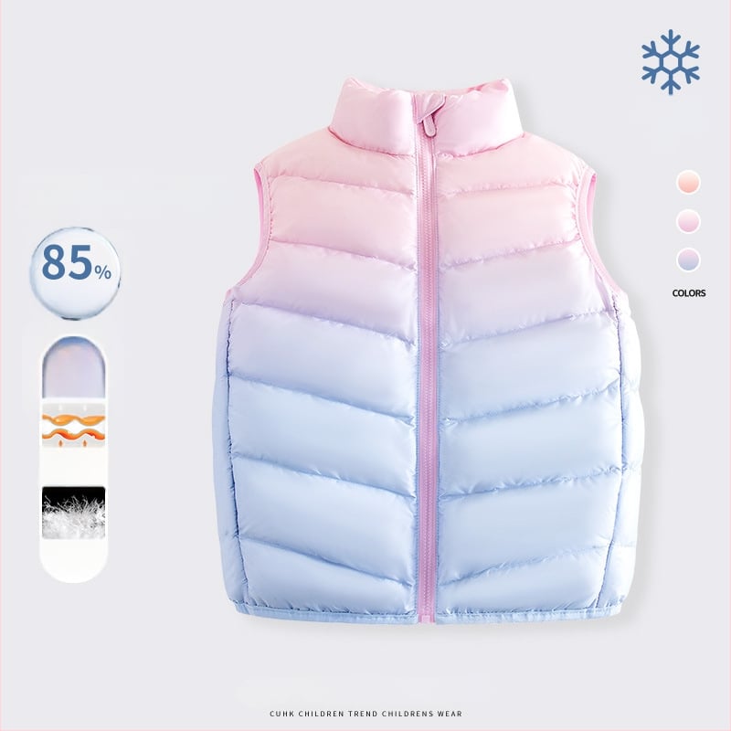 Vesta pentru fete din puf, fără mâneci, toamnă-iarnă, 81–85% puf de rață alb, exterior poliester 100%, căptușeală poliester 100%, lungime medie, fermoar