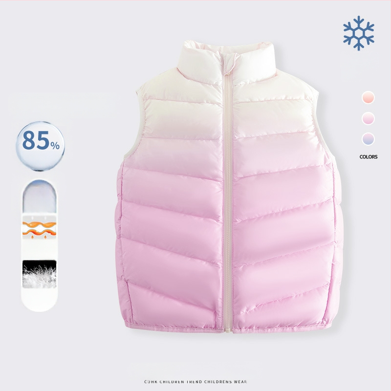 Vesta pentru fete din puf, fără mâneci, toamnă-iarnă, 81–85% puf de rață alb, exterior poliester 100%, căptușeală poliester 100%, lungime medie, fermoar