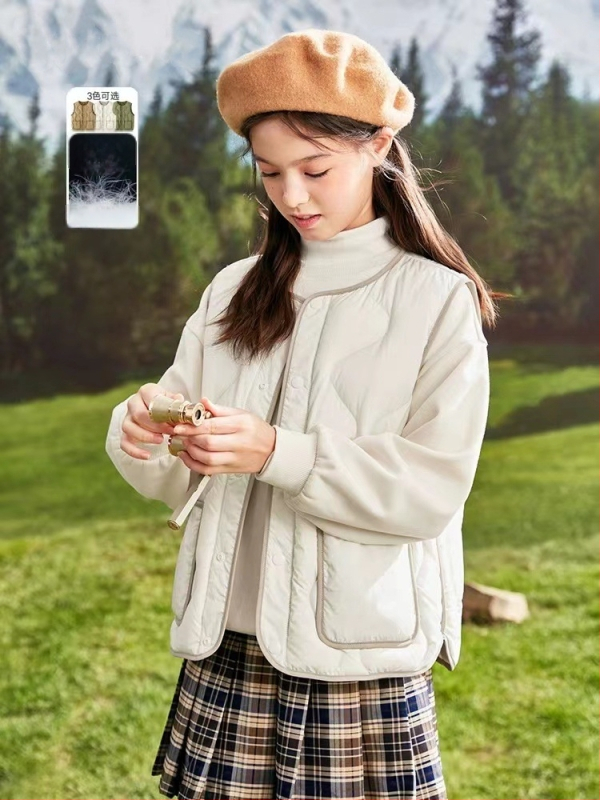 Vesta de copii din puf, ușoară, fără mâneci, croială lejeră, umplutură din puf de rață alb, pentru copii 8+ ani (peste 140 cm), toamnă/iarnă.