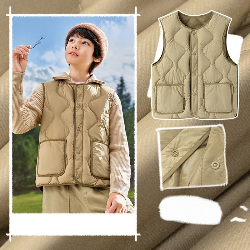 Vesta de copii din puf, ușoară, fără mâneci, croială lejeră, umplutură din puf de rață alb, pentru copii 8+ ani (peste 140 cm), toamnă/iarnă.