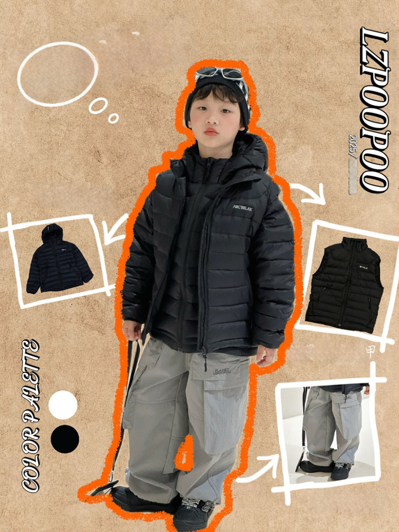 Vesta pentru copii cu puf, fără mâneci, lungime scurtă, croială lejeră; umplutură: puf; conținut puf: 86–90%; material exterior și căptușeală: nylon; fermoar; pentru copii peste 8 ani (peste 140 cm); iarnă 2025