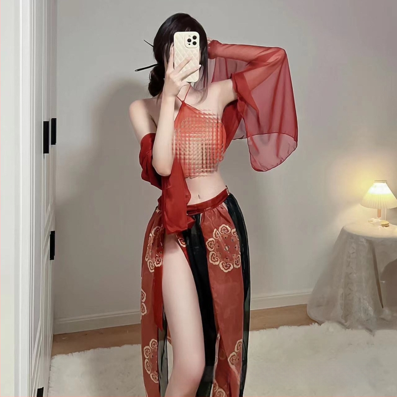 Ханфу вдъхновен екзотичен комплект бельо с мрежеста коремна лента, полиестер 80–90%