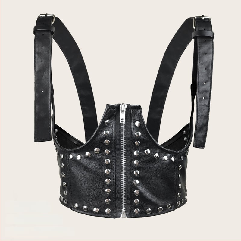 Rochie-bluză cu fermoar și nituri, talie elastică, fără guler, curea decorativă de vestă – stil stradal punk coreean