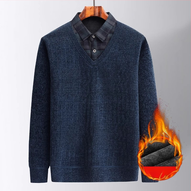 Muški zimski pulover od chenilla s fleece podstavom, debeli i topao, lažno dvodijelni dizajn, slobodan kroj, dugi rukavi, ovratnik košulje