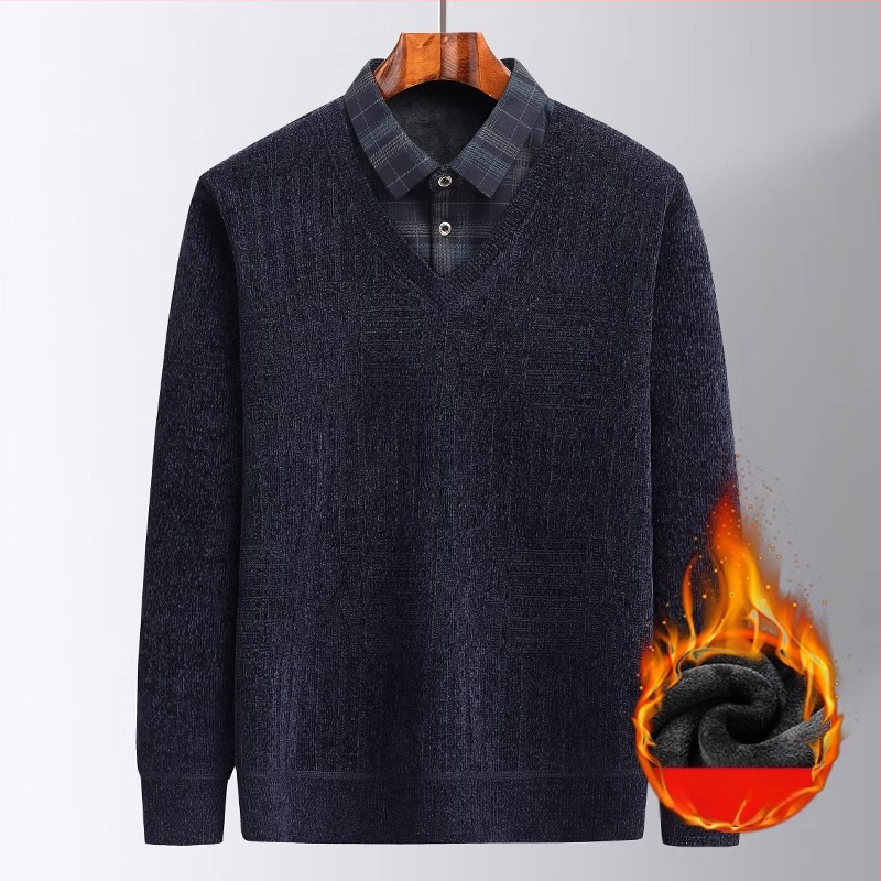 Muški zimski pulover od chenilla s fleece podstavom, debeli i topao, lažno dvodijelni dizajn, slobodan kroj, dugi rukavi, ovratnik košulje