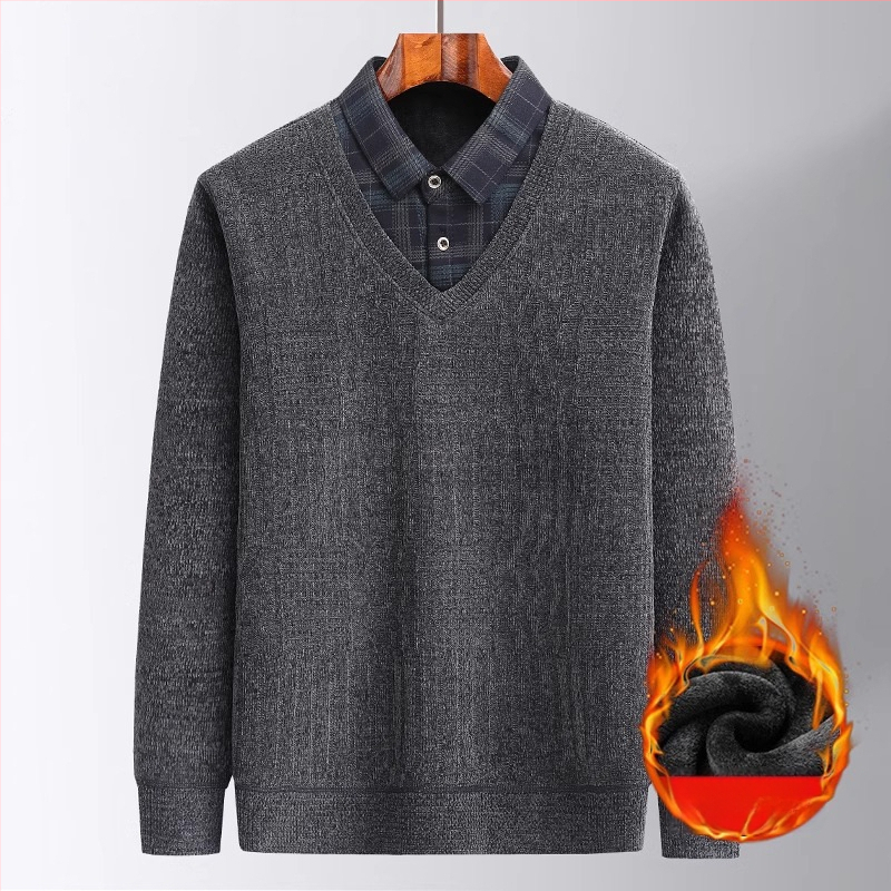 Muški zimski pulover od chenilla s fleece podstavom, debeli i topao, lažno dvodijelni dizajn, slobodan kroj, dugi rukavi, ovratnik košulje