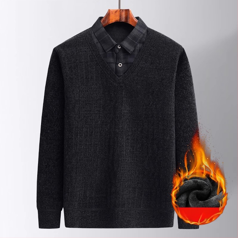 Muški zimski pulover od chenilla s fleece podstavom, debeli i topao, lažno dvodijelni dizajn, slobodan kroj, dugi rukavi, ovratnik košulje