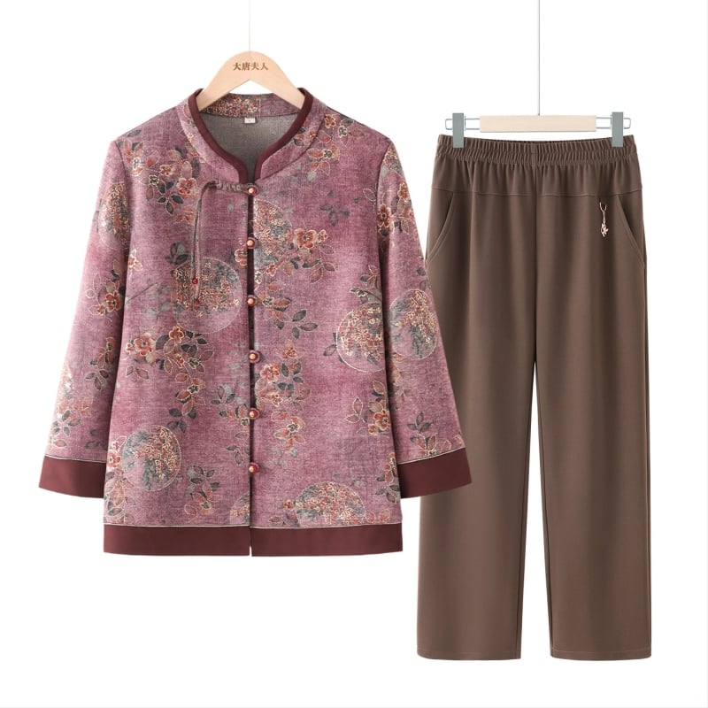Set de cămașă și sacou de toamnă pentru femei în vârstă, stil Tang, imprimeu, mâneci lungi; material: poliester (>95%), viscoză (<30%), stil elegant, lansare toamnă 2025