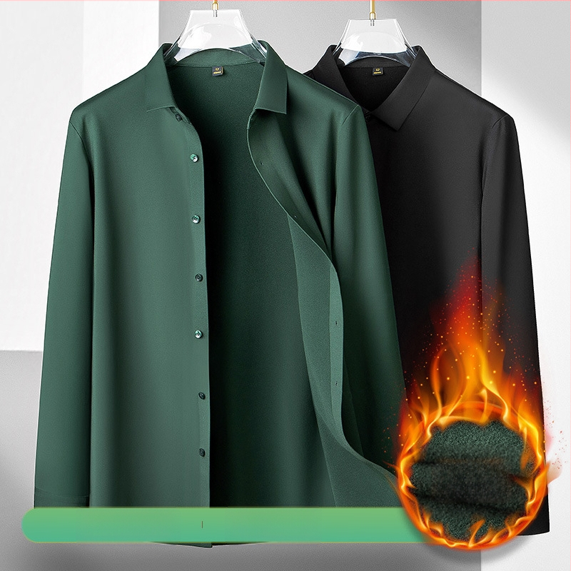 Muška košulja s fleece podstavom za zimu, poslovno casual stil, dugi rukav, topao, bez glačanja, kvadratični ovratnik