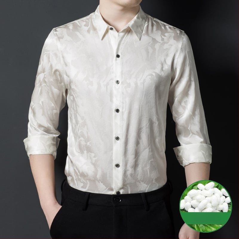 Риза от мулберийска коприна с дълги ръкави, квадратна яка, принт с разбити цветя, тясна кройка