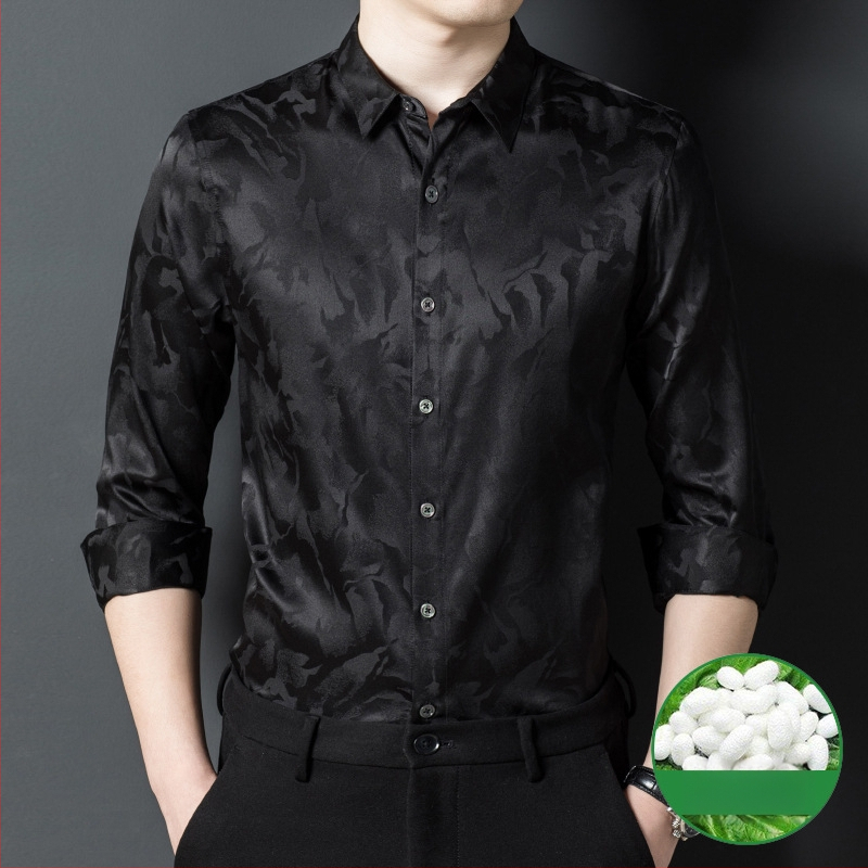 Риза от мулберийска коприна с дълги ръкави, квадратна яка, принт с разбити цветя, тясна кройка