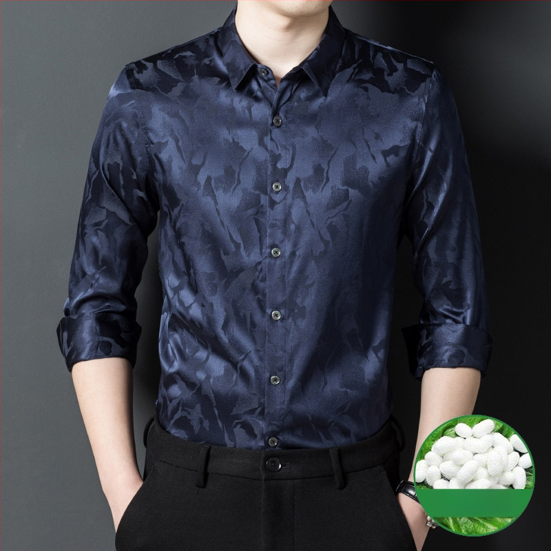 Риза от мулберийска коприна с дълги ръкави, квадратна яка, принт с разбити цветя, тясна кройка