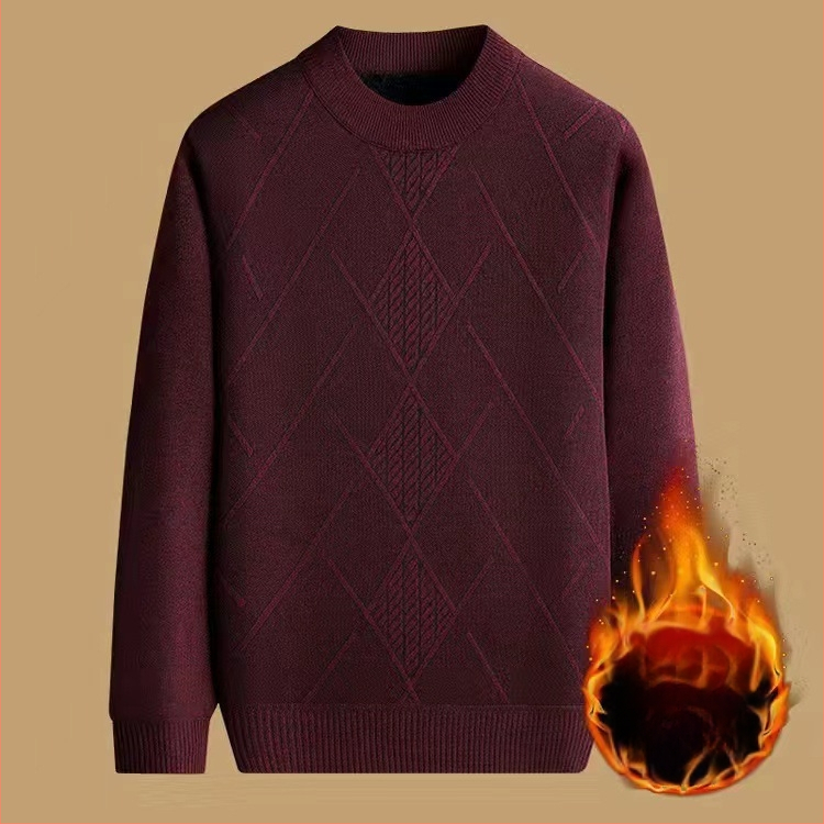 Vyrinis žieminis megztinis su džakardo raštu, apvalus kaklas, fliso pamušalas, 30–35% vilnos, vidutinio ilgio