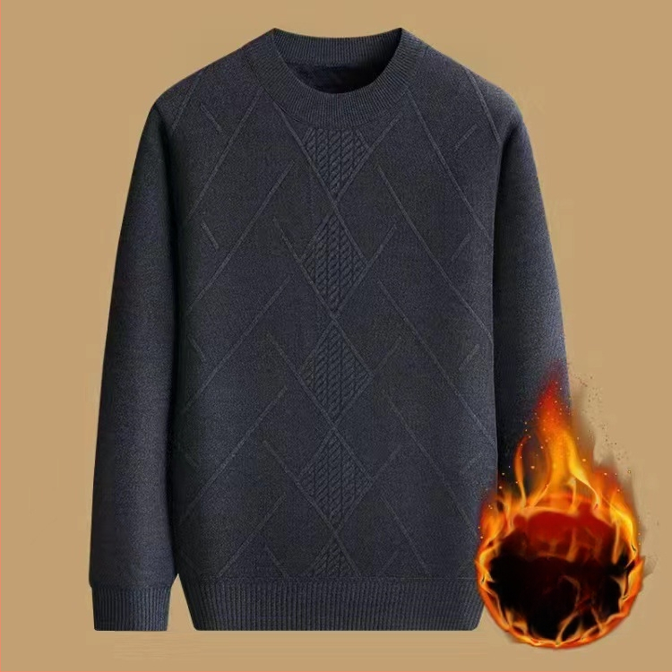 Vyrinis žieminis megztinis su džakardo raštu, apvalus kaklas, fliso pamušalas, 30–35% vilnos, vidutinio ilgio